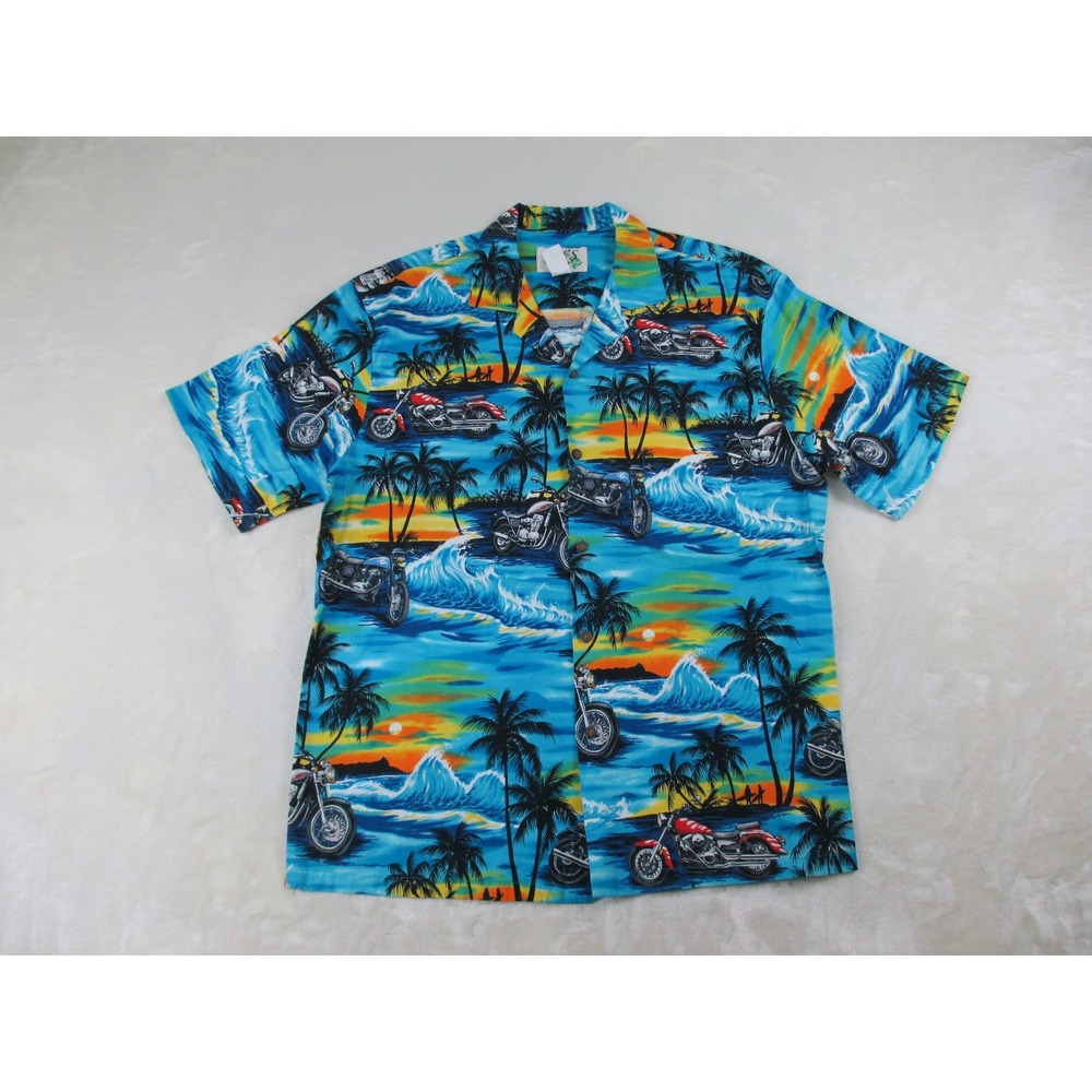 VINTAGE‎ KY'S Shirt Mens Extra Large Blue Motorcyle Button Up Hawaiian Beach 02